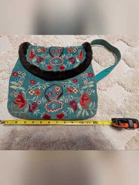 Vintage Embroidered Suede Teal Floral Shoulder Bag with Faux Fur Trim